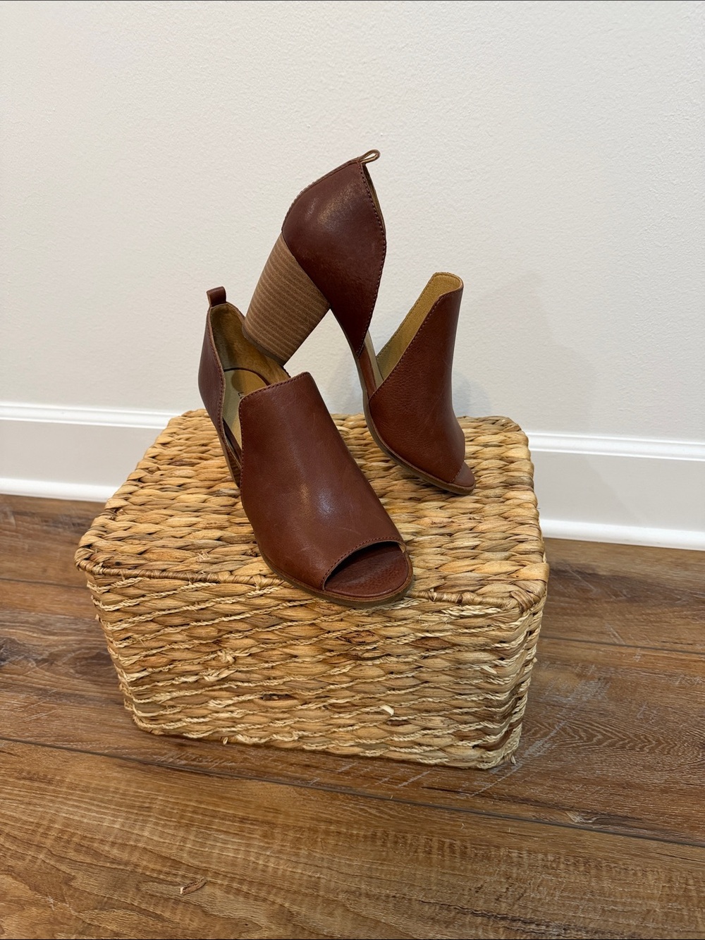 Lucky Brand Brown Peep-Toe Stacked Heel Booties